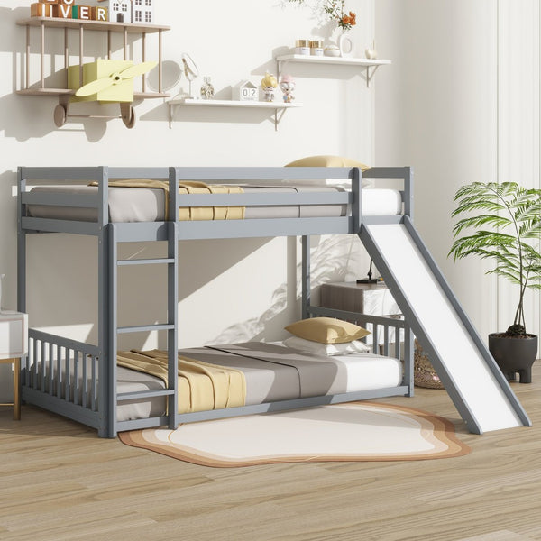 English Elm Twin Over Twin Floor Bunk Bed With Slide, Ladder, Safety Guardrails - Charming Grey Pine Wood Design W504S00189-GIGA