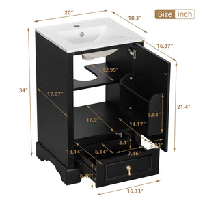 English Elm 20 Inch Bathroom Vanity with Ceramic Sink, Soft-Close Door, Adjustable Shelf, Smart Storage Organizing Design Black N729P299505B