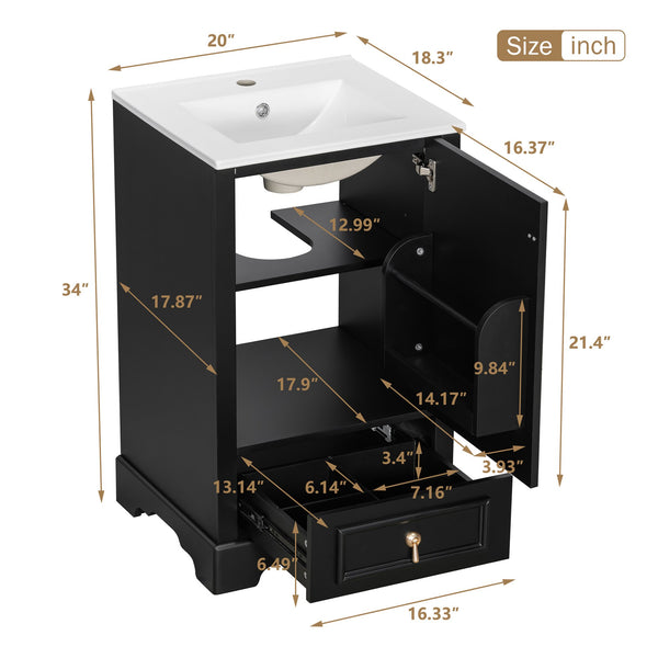 English Elm 20 Inch Bathroom Vanity with Ceramic Sink, Soft-Close Door, Adjustable Shelf, Smart Storage Organizing Design Black N729P299505B