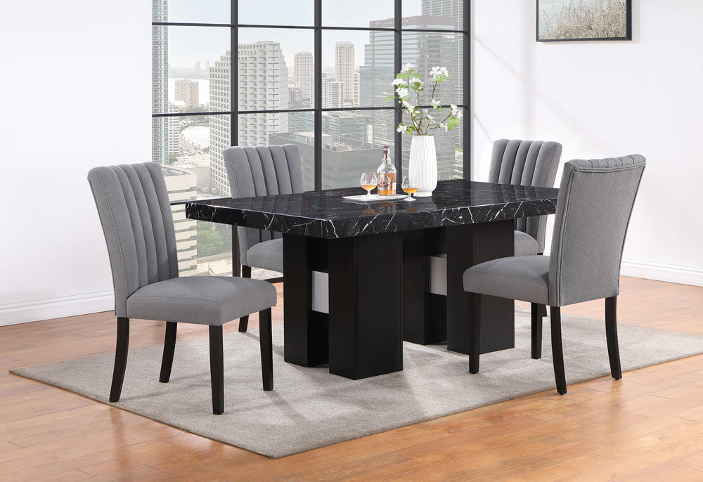 English Elm JHOANNA Solid Wood Dining Table in Black Finish with Extra-Thick Top, Double Pedestal Base, Silver Connector B201S00092