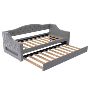 English Elm Upholstered Twin XL Daybed with Built-In LED Belt and Trundle, Linen Backrest, Modern Guest Bed Gray DL002050AAE