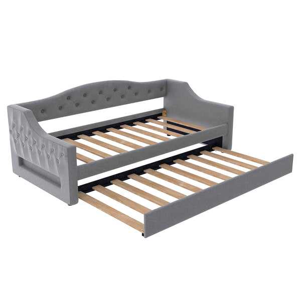 English Elm Upholstered Twin XL Daybed with Built-In LED Belt and Trundle, Linen Backrest, Modern Guest Bed Gray DL002050AAE