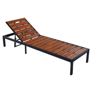 English Elm Outdoor Acacia Wood Slat Chaise Lounge with Powder Coated Frame for Patio Resort Black+Brown N719P383161D