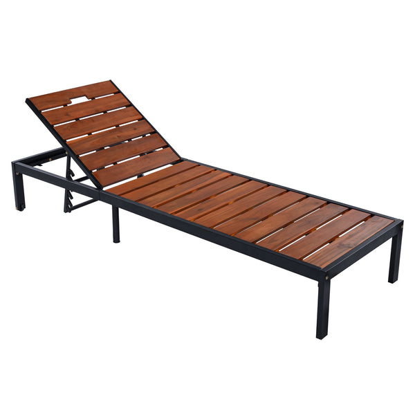 English Elm Outdoor Acacia Wood Slat Chaise Lounge with Powder Coated Frame for Patio Resort Black+Brown N719P383161D