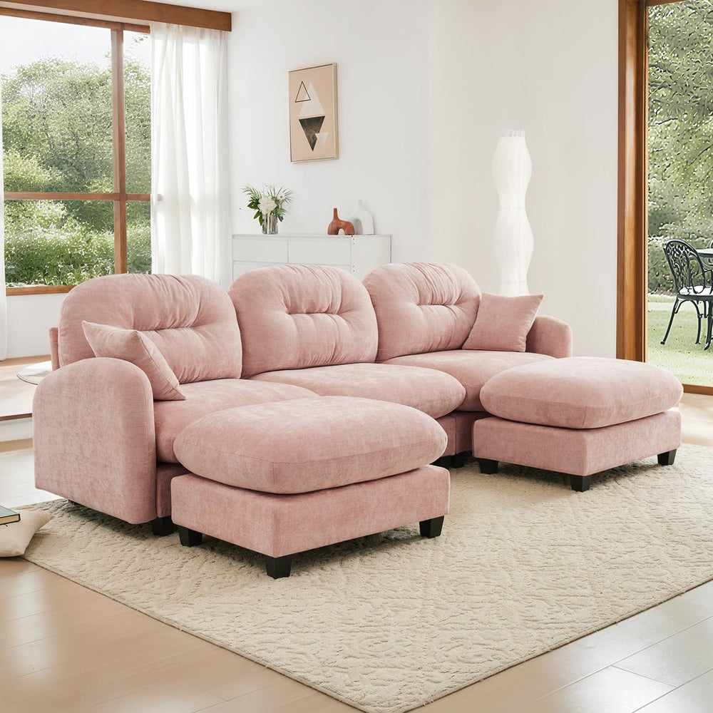 English Elm Modular U-Shaped Sectional Couch With Ottoman, Soft Chenille Fabric, 2 Pillows, Customizable Comfort W714S01389