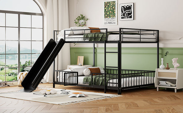 English Elm Full Full over Full Metal Bunk Bed with Slide, Interchangeable Stairs, Gate & Safety Guardrails for Kids Black SF000170AAB