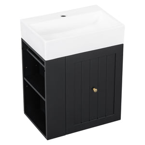 English Elm 20-Inch Compact Bathroom Vanity with Ceramic Sink, Wall-Mounted MDF Cabinet, Modern Space-Saver Design Black N725P314023B