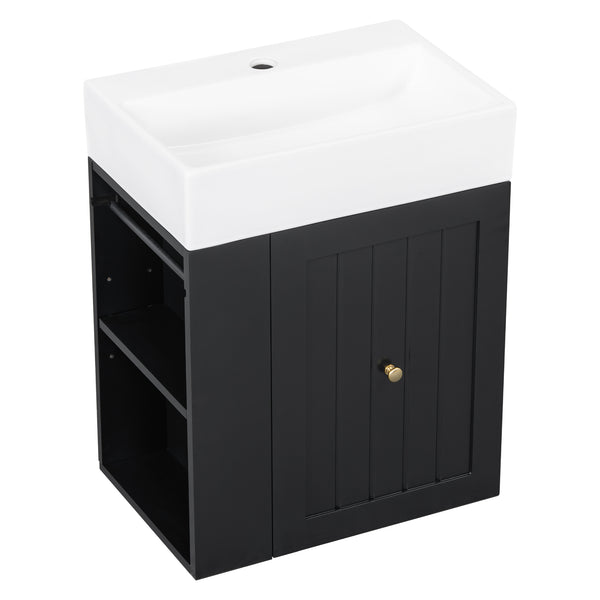 English Elm 20-Inch Compact Bathroom Vanity with Ceramic Sink, Wall-Mounted MDF Cabinet, Modern Space-Saver Design Black N725P314023B