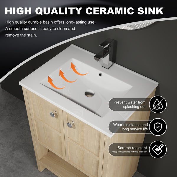 English Elm 24" Freestanding Bathroom Vanity with Ceramic Sink, Oak Finish, 2 Soft-Closing Doors, Open Shelf Storage W1972S00023