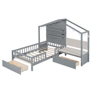 English Elm Twin House Bed Frame with Sofa Seating Led Lighting Drawers and Wireless Charging LP000521AAE-1