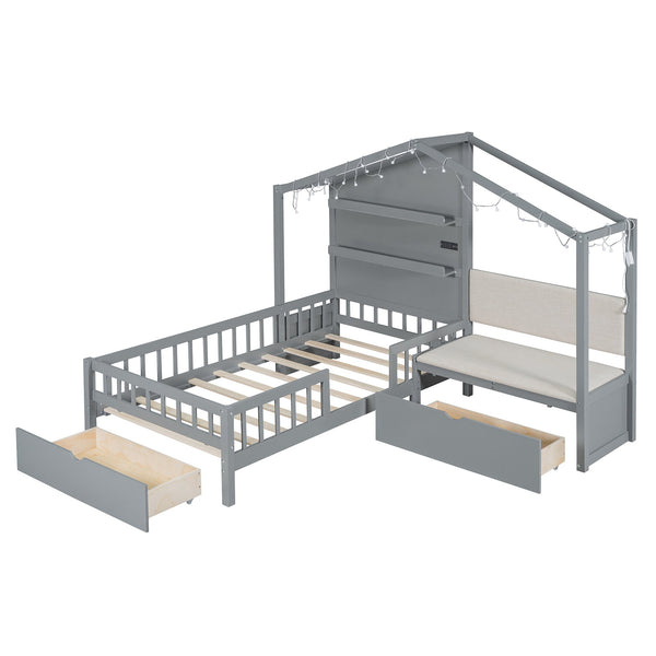 English Elm Twin House Bed Frame with Sofa Seating Led Lighting Drawers and Wireless Charging LP000521AAE-1