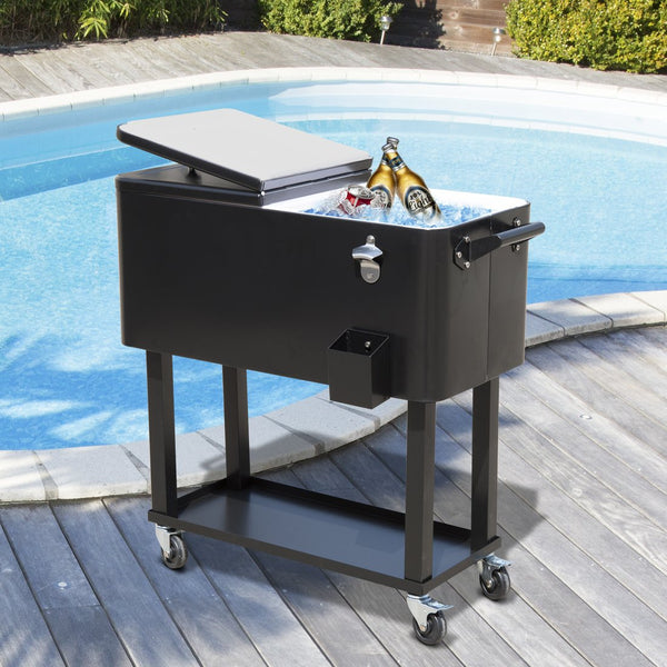 English Elm Outsunny 80 Quart Rolling Ice Chest Cart with Wheels Drain Plug Outdoor Beverage Cooler W2225P217546