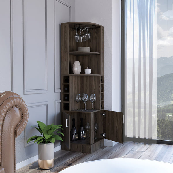 English Elm Corner Corner Bar Cabinet Dark Walnut with 8 Bottle Cubbies, 12-Glass Rack & 2 Shelves, Space-Saving Stylish Storage B097P253698