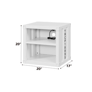 English Elm Cargo White Finish Nightstand with USB Ports, Industrial Metal Cargo Design, 2 Open Shelves, Sturdy Stable Base B2726P263369