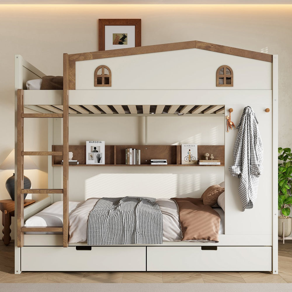English Elm Twin Xl Solid Pine Loft Bed with Built-in Led Lighting and Storage Shelves W1580S00390