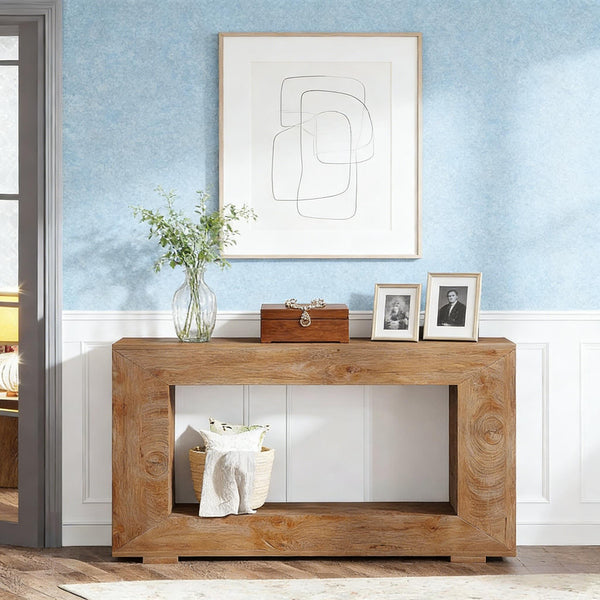 English Elm Entryway Console Table with Sculptural Stacked Wood Panels and Open Arc Base T3971P451449