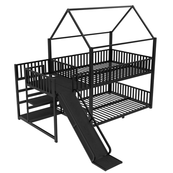 English Elm Full Metal House Bunk Bed with Slide Storage Stairs and Safety Rails for Kids W1580S00345