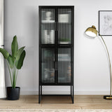 English Elm Stylish 4-Door Tempered Glass Cabinet With 4 Glass Doors Adjustable Shelves U-Shaped Leg Anti-Tip Dust-Free Fluted Glass Kitchen Credenza Black