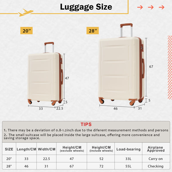 English Elm 2 Piece Abs Hard Shell Spinner Luggage Set with Tsa Lock Expandable Suitcases Khaki+Brown N732P198745K