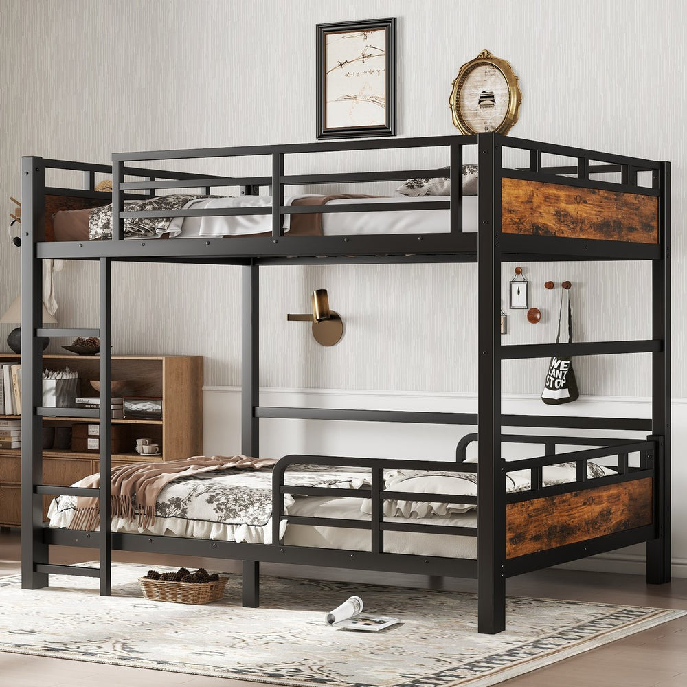 English Elm Full Metal Bunk Bed - Versatile Full-Over-Full Design With Vintage Wood Finish & Safety Fence W1580S00226