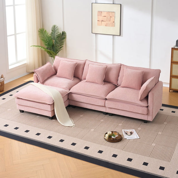 English Elm Beige Chenille Sectional Sofa with Modular Ottoman for Living Room or Studio Pink W2603S00003