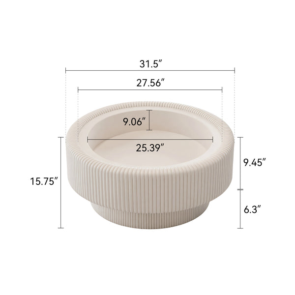 English Elm 31.5" Fluted Leather Round Coffee Table Tempered Glass Lift Top Hidden Storage Modern White W3158P450848