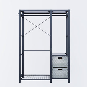 English Elm Acacia Wood Garment Rack with Shelves, 2 Wicker Drawers, 4 Hooks & 300lb Capacity — Light Gray W2391P290024