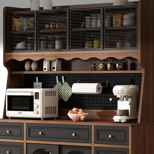 English Elm Freestanding Buffet Hutch with Glass Doors Six Drawers and Built in Power Outlet W5389S00002