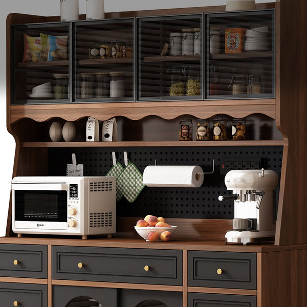 English Elm Freestanding Buffet Hutch with Glass Doors Six Drawers and Built in Power Outlet W5389S00002