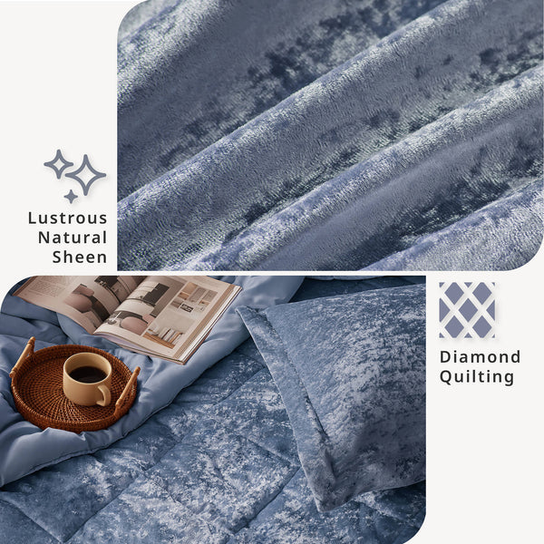 JLA Home Intelligent Design - Velvet Crushed Velvet Duvet Cover Set with Quilted Diamond Texture, Button Closure, Luxe Feel Blue ID12-2159