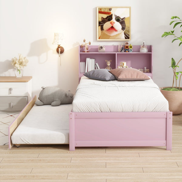 English Elm Twin Pink Trundle Bed with Bookcase Headboard — Space-Saving Twin Bed for Small Rooms, Storage Friendly W504P317860