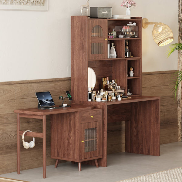 English Elm Computer Desk with Rotating Extension Panel Walnut Finish Glass Cabinets Home Office N733S363716D