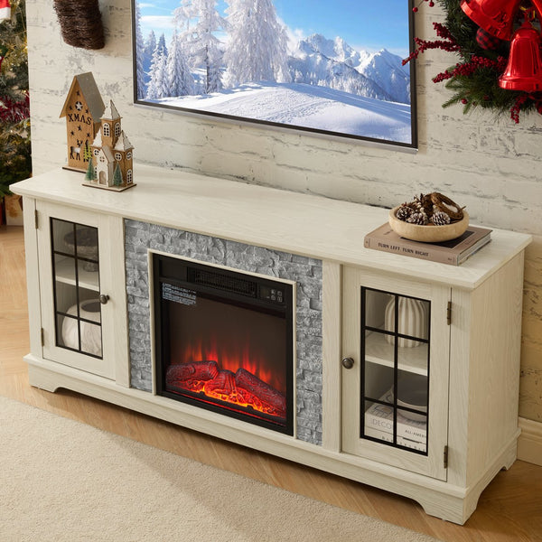 English Elm 58" Modern TV Stand with 18" Electric Fireplace, Faux Stone Mantel, Ample Storage & Cable Management for Living Room Comfort and Style White W2275S00025