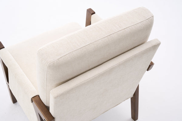 English Elm Mid-Century Solid Wood Accent Chair with Chenille Upholstery, Ergonomic Waist Support, Sturdy 300lb Capacity Beige T3903P372379