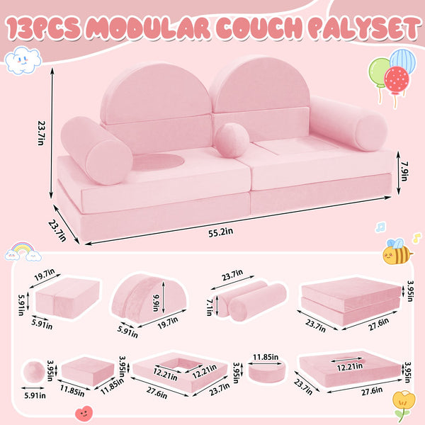 English Elm 14pcs Modular Foam Play Couch Set Convertible Toddler Fort Builder for Playrooms Pink T5880P493429
