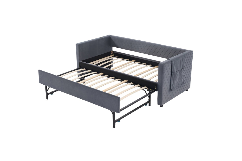 English Elm Twin Velvet Upholstered Daybed with Trundle, V-Pattern Backrest, USB Port, Side Pockets, Sturdy Design Grey W1361S00040
