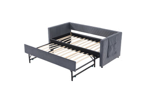 English Elm Twin Velvet Upholstered Daybed with Trundle, V-Pattern Backrest, USB Port, Side Pockets, Sturdy Design Grey W1361S00040