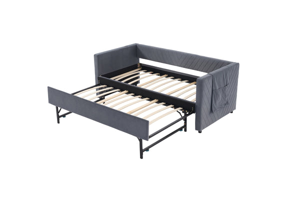 English Elm Twin Velvet Upholstered Daybed with Trundle, V-Pattern Backrest, USB Port, Side Pockets, Sturdy Design Grey W1361S00040