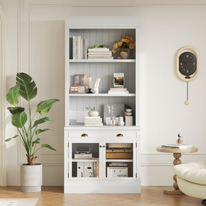 English Elm 83.4"Tall Modern Bookcase With Glass Doors & Drawer - Stylish Storage For Living Room Or Office Use N751S323419K