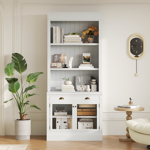 English Elm 83.4"Tall Modern Bookcase With Glass Doors & Drawer - Stylish Storage For Living Room Or Office Use N751S323419K