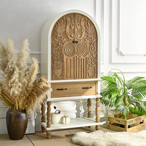 English Elm 31.50" Floral Carved Wood Accent Cabinet with Arched Doors Drawer and Shelf W3933P379106