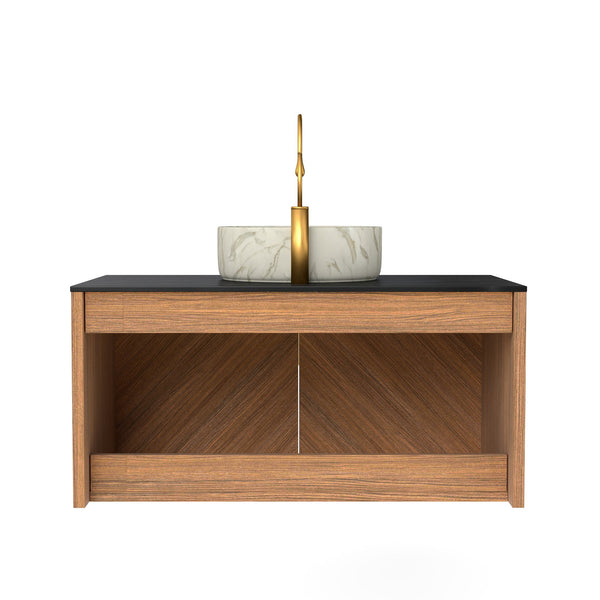 English Elm Arai 36" Wall-Mounted Bathroom Vanity With Black Stone Countertop, Ceramic Basin & Elegant Storage W2615S00354