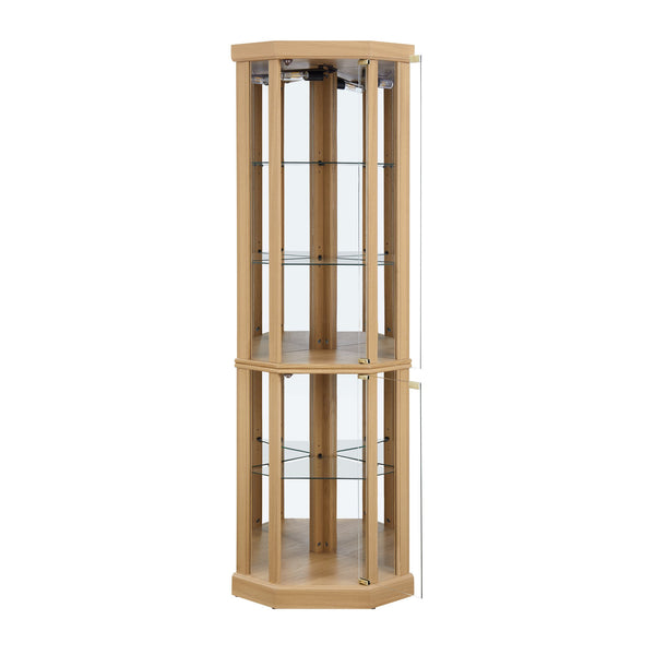 English Elm Corner Curio Cabinet with Built-in Lighting Mirrored Back and Adjustable Glass Shelves W2275P194427