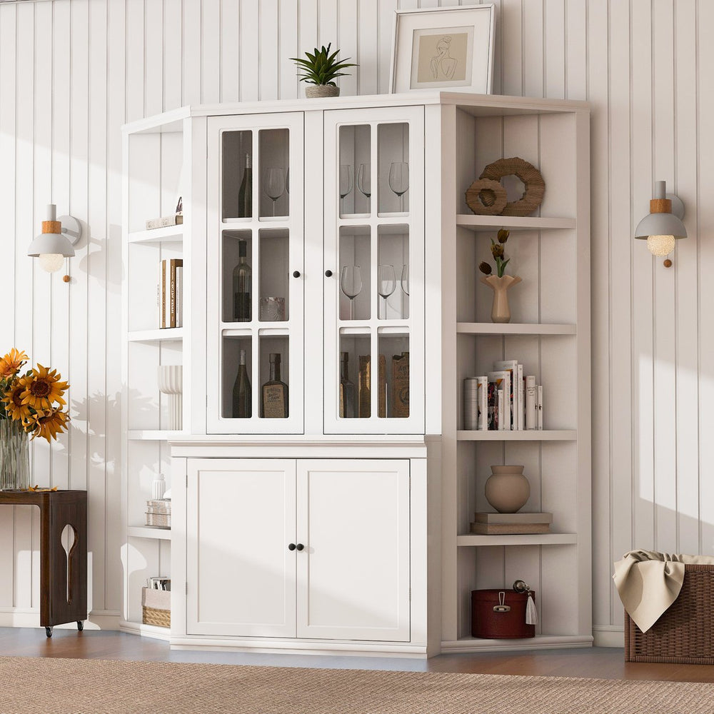 English Elm 75.25'' Retro-Modern Wall Suit with Glass Doors and Twin Triangle Bookshelves, White Display Cabinet Set SUIT01_N845P263124W