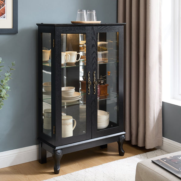 English Elm Curio Cabinet with Lighted Tempered Glass, Mirrored Back, Adjustable Shelves, Vintage Handle — Black W2275P389705
