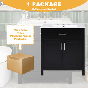 English Elm 30-Inch Contemporary Bathroom Vanity With Ceramic Sink & Smart Storage For Small Spaces WF530809AAB