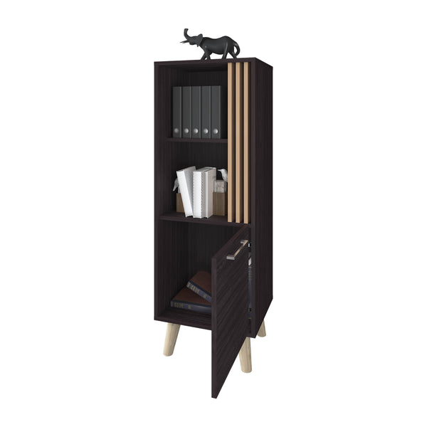 English Elm Ac Chin Storage Cabinet Wengue & Natural Oak — Mid-Century Compact Shelf with Door, Conical Legs, Versatile Elegance B128P263716