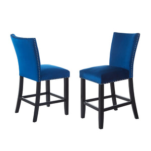 English Elm 2pc Counter Height Upholstered PU Chairs with Chrome Nailhead Trim and Footrest, Stylish Pub Seating Blue 43 L x 21.25 W x 15.25 H B011P286896
