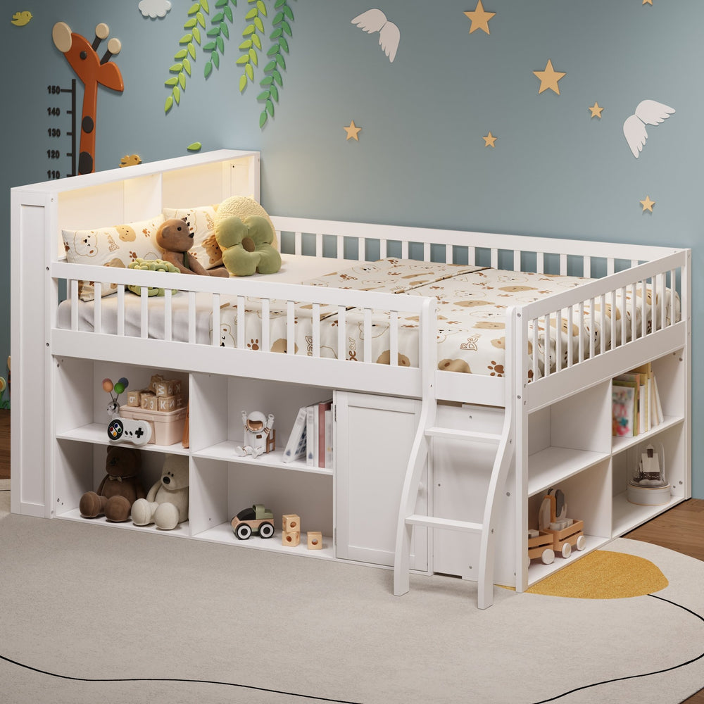 English Elm Queen Loft Bed with Open Shelving Built-in Led Light White Wood Frame N7090005025K