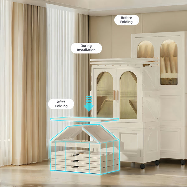 English Elm 25.59" Folding Wardrobe Cabinet on Wheels with Magnetic Door and Hanging Rod Storage W2873P207533